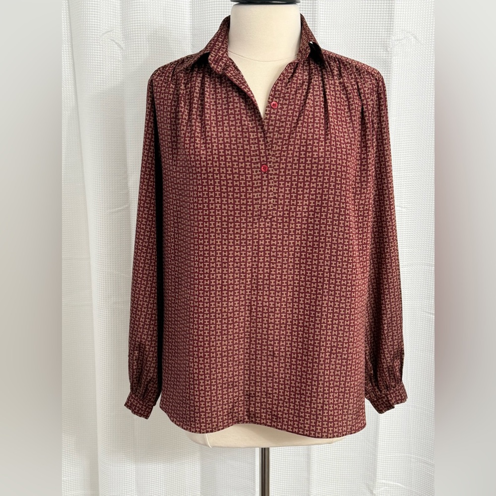 Halston III‎ Women's Long Sleeve H Print Pullover Blouse Maroon/Burgundy Size 10